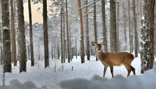 Deer in beautiful winter landscape with snow