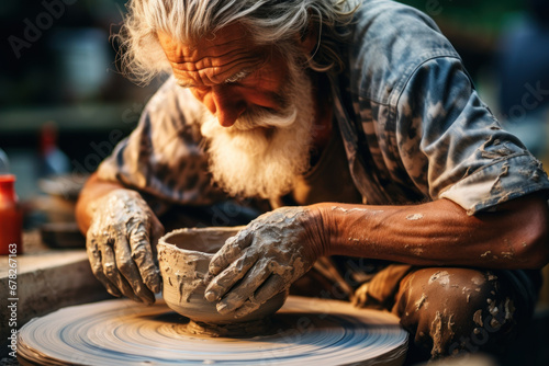 A rural artisan potter shaping clay into unique pottery pieces at a pottery wheel. Concept of handcrafted ceramics. Generative Ai.