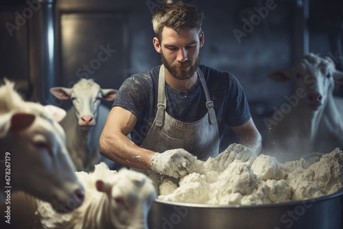 A goat farmer milking goats and creating artisanal goat cheese. Concept of dairy farming and artisanal cheese production. Generative Ai.