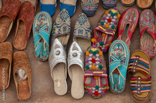 Moroccan Babouche Berber Handmade Slippers in street market in Morocco photo