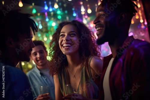 Portrait of cheerful girl with drink at party on background of her friends.