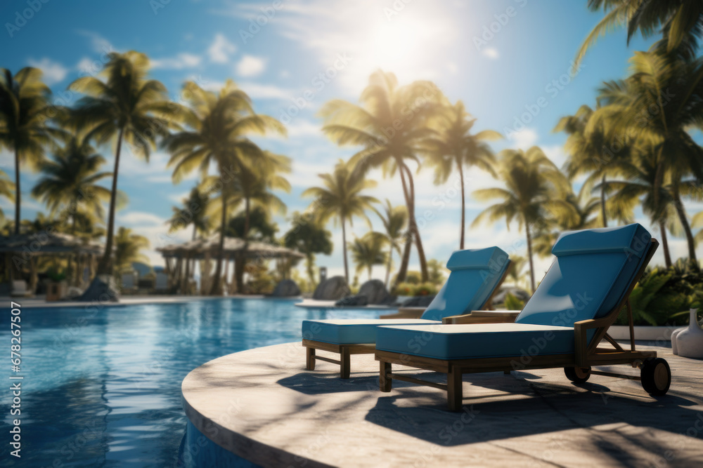 A sparkling poolside oasis with lounge chairs and palm trees. Concept of a tropical paradise. Generative Ai.