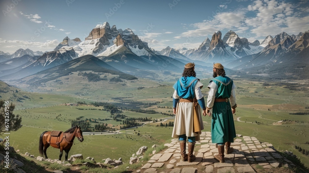 An image from ancient biblical_times with two persons looking the horizon