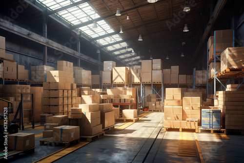 Organized Modern logistic Warehouse Interior with Stacked Pallets, Forklifter and Boxes
