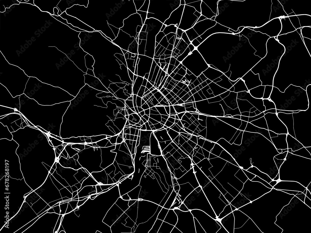 Vector road map of the city of Budapest in Hungary with white roads on a black background.
