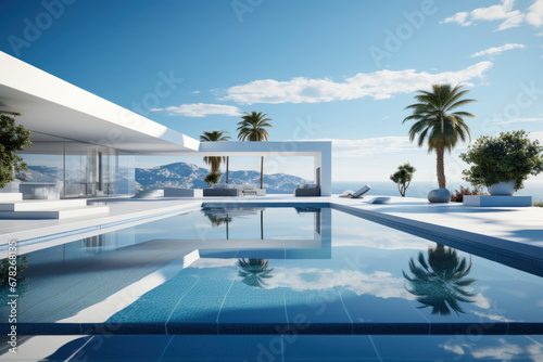 A modern architectural pool with geometric shapes and clean lines. Concept of contemporary design. Generative Ai.