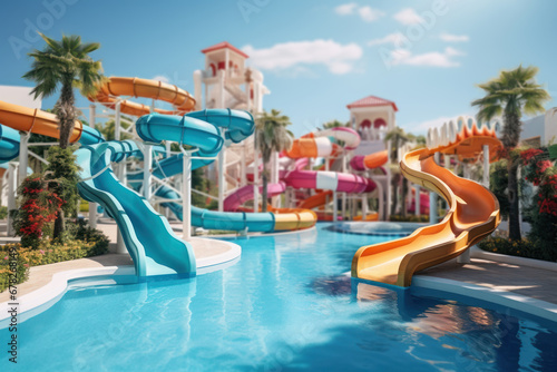 A children's pool with colorful water slides and fountains. Concept of family-friendly fun. Generative Ai.