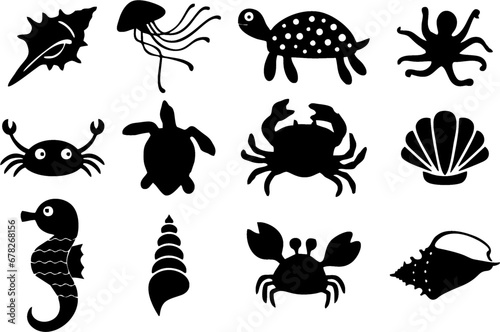 Under water animals, fish, seahorse, seashell collection clip art. Editable vector, easy to change color or manipulate for designing poster, banner, flyer or stickers. eps 10. © munir