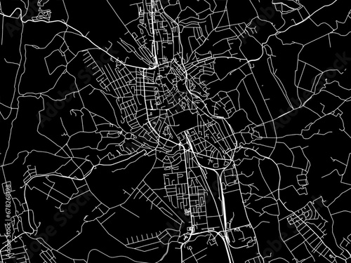 Vector road map of the city of Eger in Hungary with white roads on a black background.