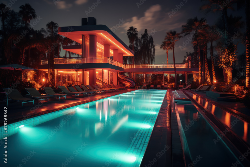 A retro-inspired pool with vintage diving boards and neon lights. Concept of nostalgia and fun. Generative Ai.