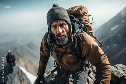 A fearless tough guy climbing a steep mountain peak, conquering the heights. Concept of adventure and bravery. Generative Ai.