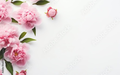 Happy start of spring poster. Beautiful pink peony bouquet isolated, white background. Garden flowers. Copy space at the right, top view, flat lay. Pastel colors. Fresh banner design. AI Generative.