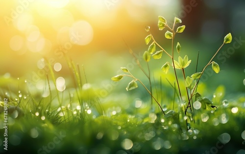 Happy start of spring poster. Dawn dew green grass texture. Fresh morning sun light, water drops, blurred background. Bokeh, de focus, copy space. Small plants growing in the field. AI Generative.