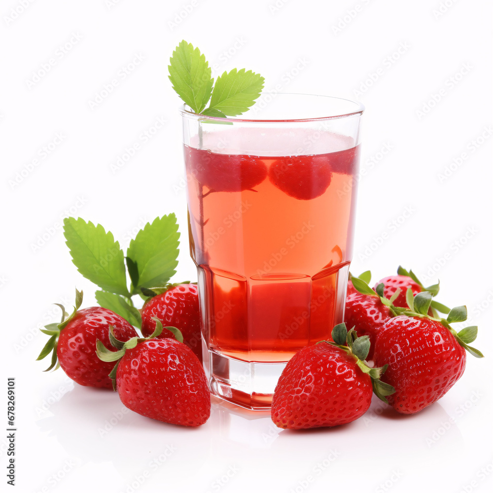 Fresh strawberry and juice glass isolated on white
