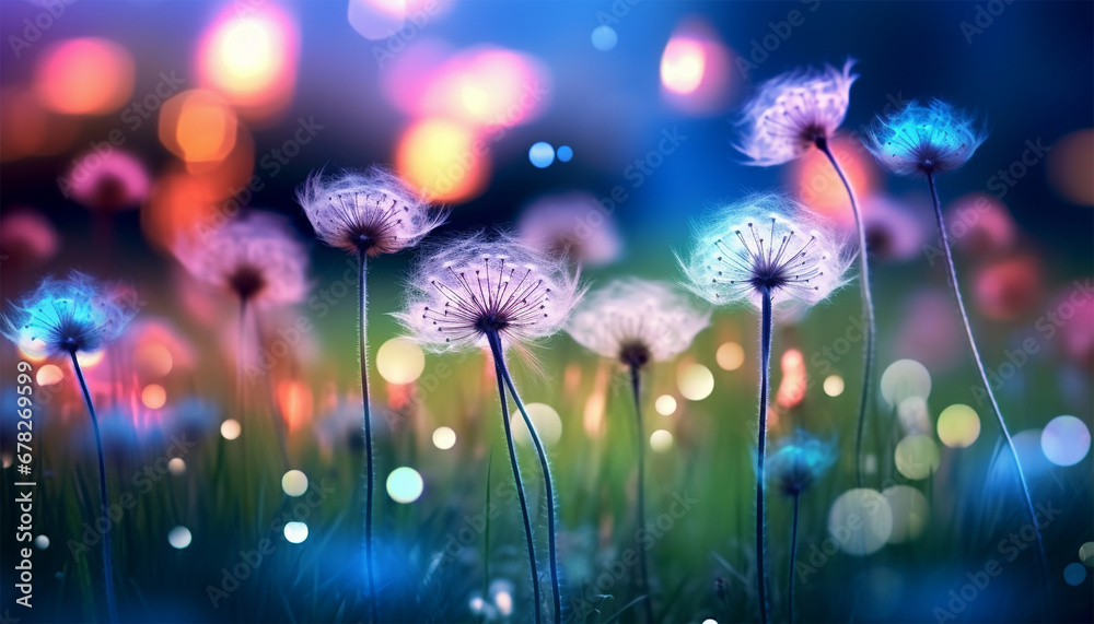 Wild flower field in the night magical lights. Summer meadow. Fantastical fantasy background of magical purple dark night sky with shining bokeh lights copy space