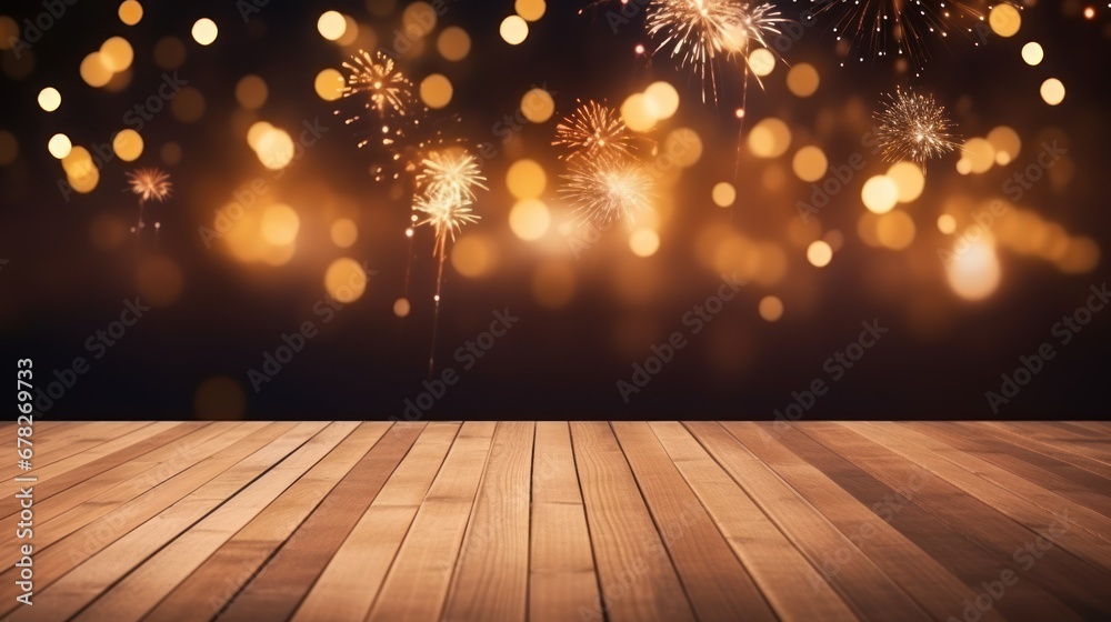 Wood floor empty with bokeh lights on fireworks background, Advertisement, Print media, Illustration, Banner, for website, copy space, for word, template, presentation Wood floor empty with bokeh lights on fireworks background, Advertisement, Print media, Illustration, Banner, for website, copy space, for word, template, presentation