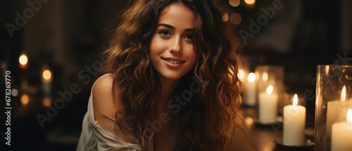 Beautiful young woman with long curly hair looking at camera and smiling in cafe.