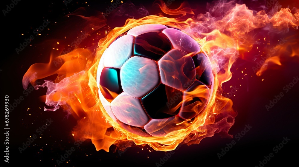 Fototapeta premium Soccer ball in flames made with Ai generative technology