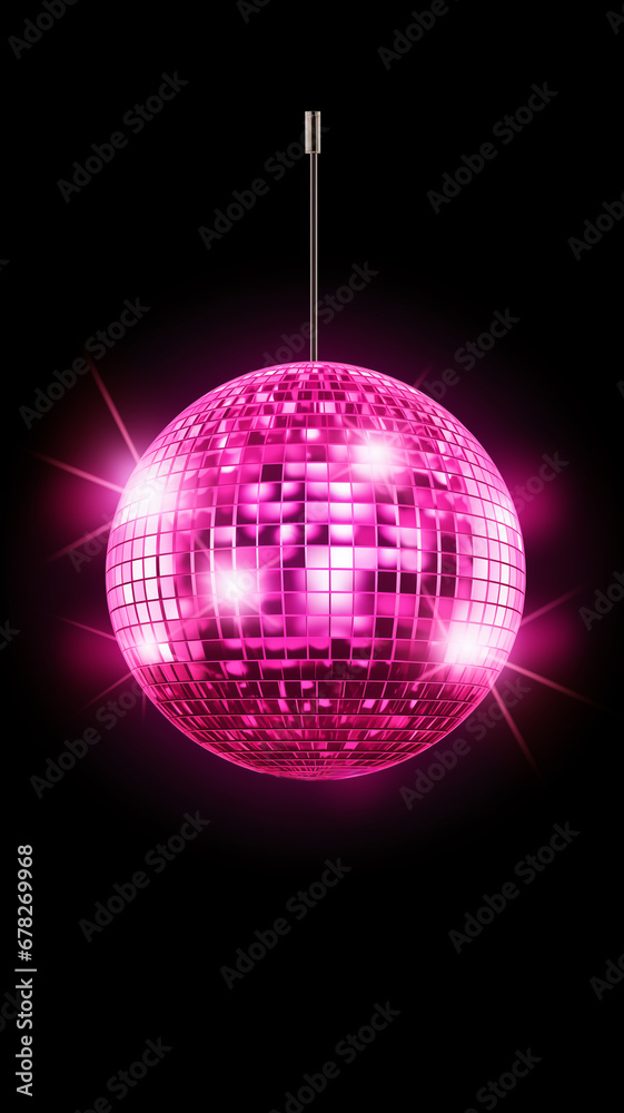 Obraz premium rosa pink Discokugel mit Lichtern und Lichteffekten und mit Platz für Text. Hochkant. Hochformat. Generative Ai.