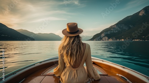 View from behind a woman relaxing on a luxury boat made with Ai generative technology, person is fictional photo