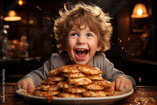 happy child eating pancakes in the kitchen