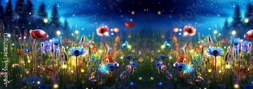 Banner Wild flower field in the night magical lights. Summer meadow. Fantastical fantasy background of magical purple dark night sky with shining bokeh lights copy space
