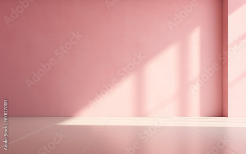 Sencillo y precioso fondo rosa con sombras de ventana iluminada y baldas para presentaci  n de productos. 
