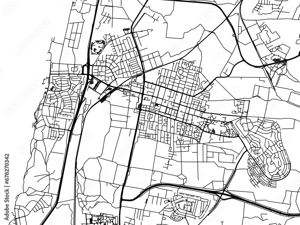 Vector road map of the city of Hadera in Israel with black roads on a white background.