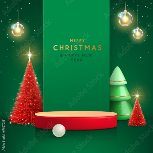Holiday Christmas showcase green background with 3d podium and Christmas tree. Abstract minimal scene. Vector illustration