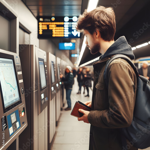 young man buying a ticket at the subway machine. Generative AI photo