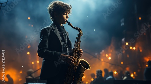 Boy playing on a saxophone on a stage with lamps.