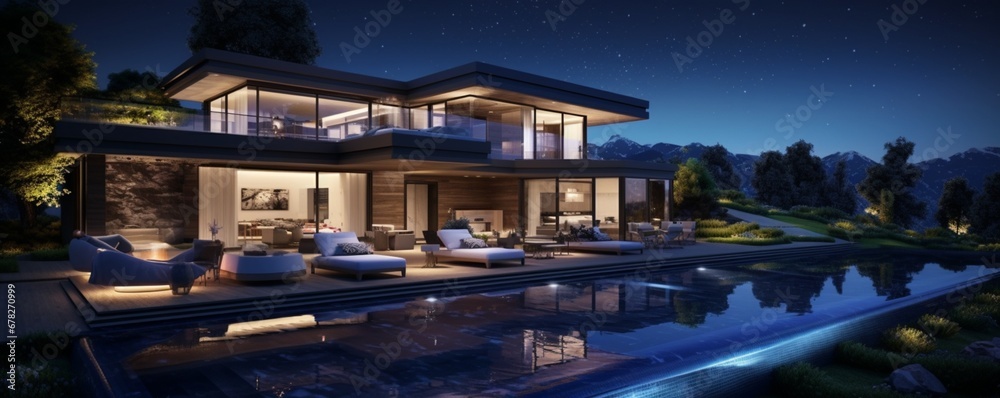 An elegant modern home with a beautifully lit infinity pool, surrounded by lush gardens, nestled against the backdrop of a starry night sky.
