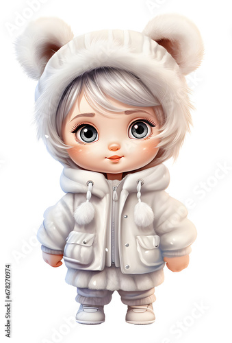 Cute baby girl in winter clothes. Baby doll. Cartoon illustration.