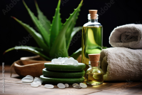 Spa composition with aloe vera essential oil  towels and candle