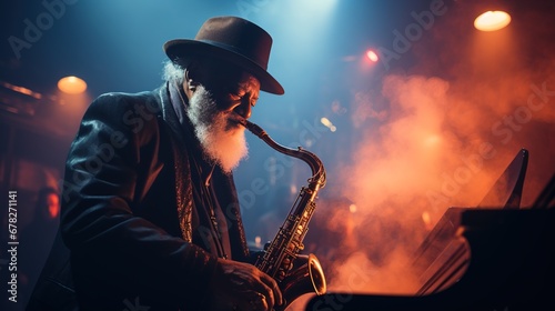 Old man playing jazz on a saxophone.