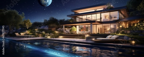 An elegant modern home with a beautifully lit infinity pool  surrounded by lush gardens  nestled against the backdrop of a starry night sky.