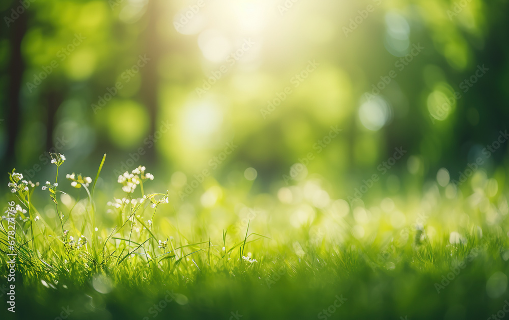 Hermoso campo de pradera con hierba fresca y flores  en la naturaleza. Paisaje natural perfecto de primavera de verano. - obrazy, fototapety, plakaty 