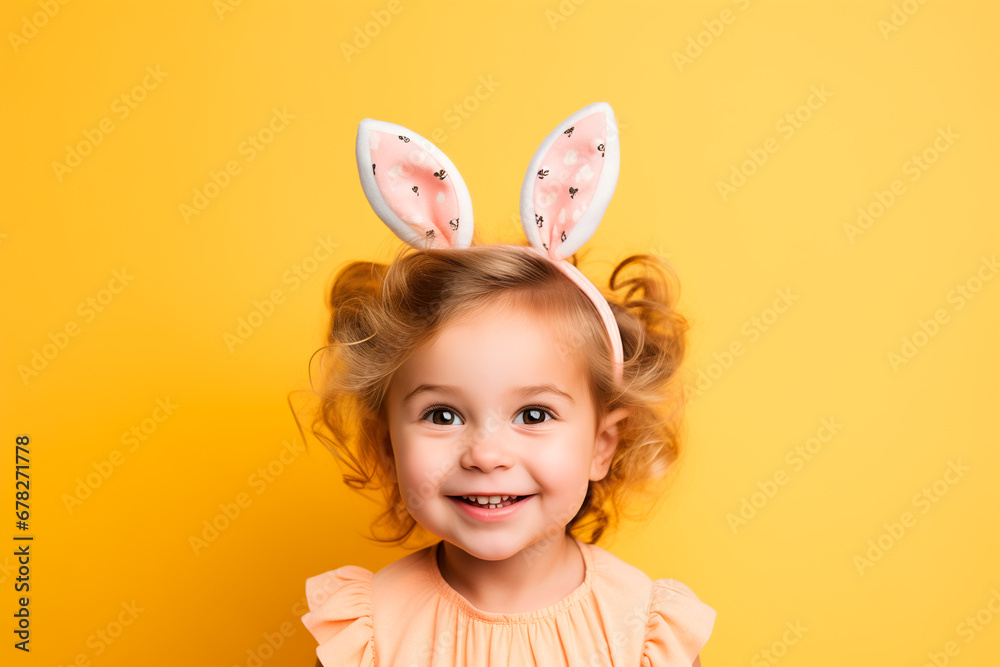 Cute little toddler girl with bunny ears headband on a pastel yellow background Cute little toddler girl with bunny ears headband on a pastel yellow background