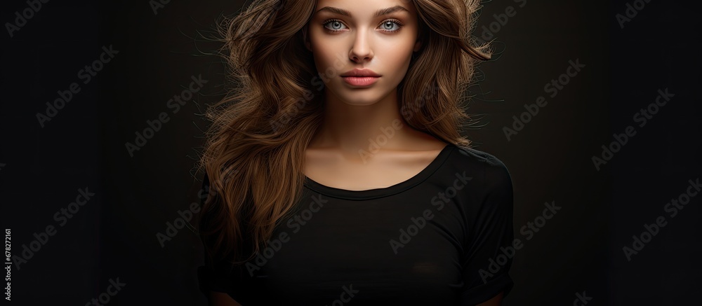 glamorous studio a young and attractive girl wearing a black shirt radiated beauty and light in her fashion portrait photo captivating viewers with her stunning allure as a model glamorous studio a young and attractive girl wearing a black shirt radiated beauty and light in her fashion portrait photo captivating viewers with her stunning allure as a model