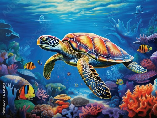 Colorful illustration of an undersea coral reef teeming with vibrant fish life and a spectrum of colors. The focal point features a large sea turtle, adding a captivating centerpiece to the marine eco