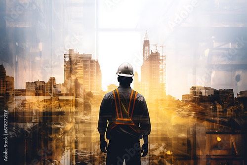 Double exposure photography of construction worker and building