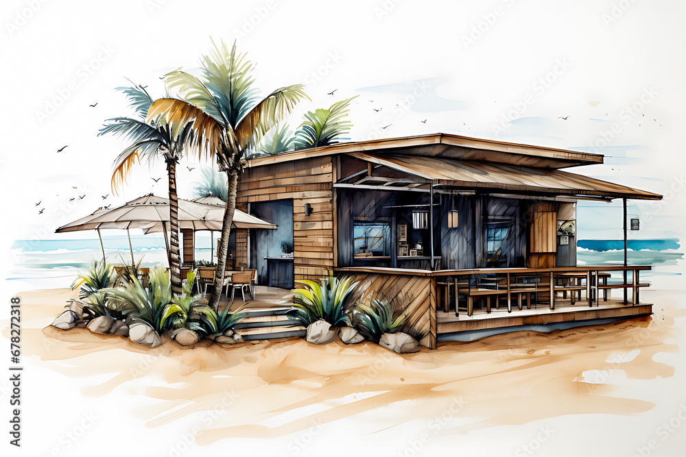 Fototapeta premium Watercolor sketch and lines of the exterior of a coffee shop building on the beach
