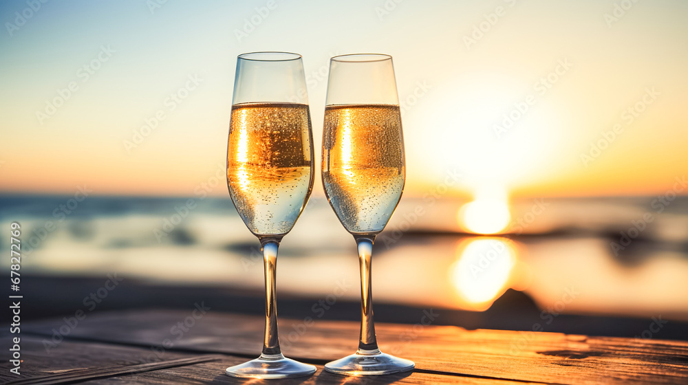Two glasses of champagne table against background of landscape sea sunset. Concept of summer vacation, sea cruises