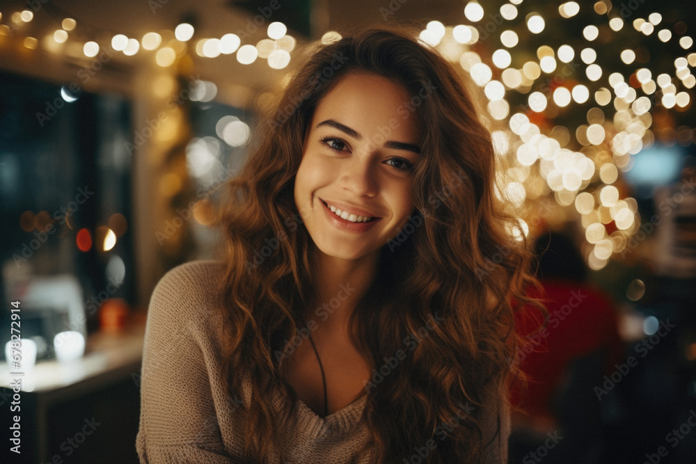 Portrait of a beautiful young woman with long curly hair smiling and looking at the camera. Portrait of a beautiful young woman with long curly hair smiling and looking at the camera.