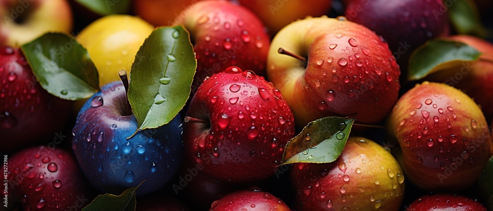 Top view of bright ripe fragrant red apples with water drops as background. - obrazy, fototapety, plakaty 