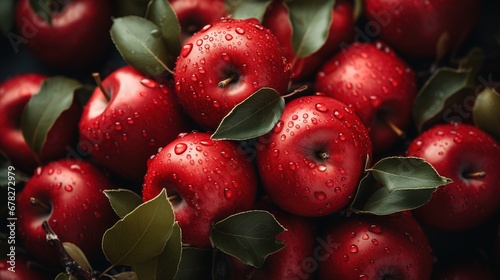 Red apples with leaves, closeup with top view, Red apple patterns.