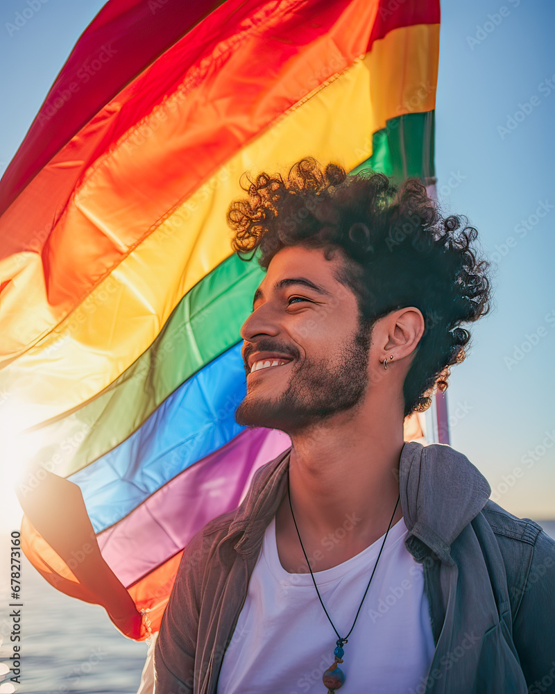 Joyful man, pride flag, freedom.