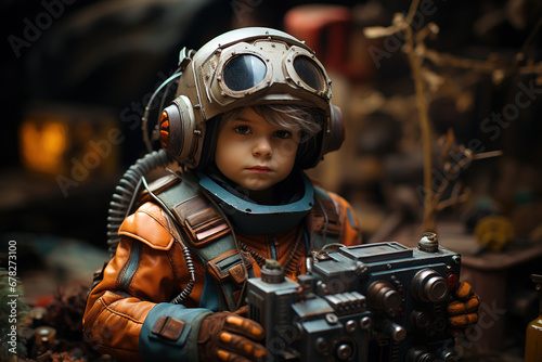 Young Explorer in Retro-Futuristic Pilot Gear Amidst a Dystopian Backdrop © jockermax3d