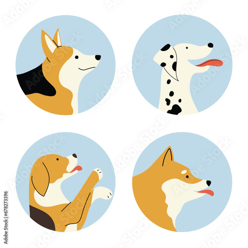 Circle shape icons with different dog breeds, Dalmatian, corgi, beagle, shiba inu. Animal head in profile. Hand drawn vector illsutrations