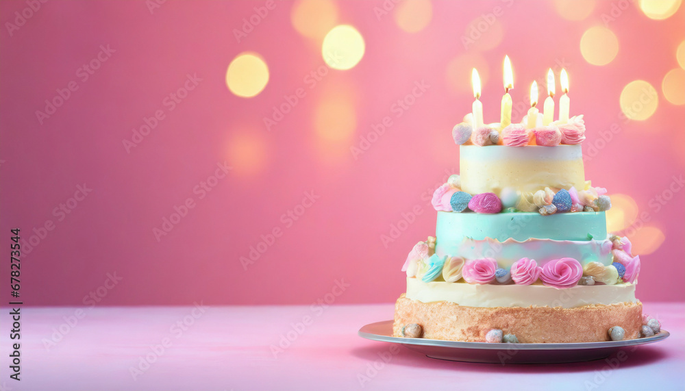 birthday cake with candles on pink background with blurred lights birthday cake with candles on pink background with blurred lights